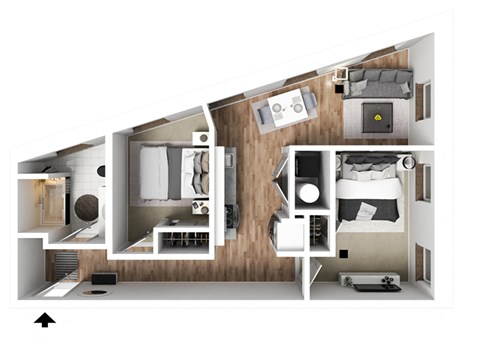 Floor plan for 2 beds, 1 bath, 713 sqft